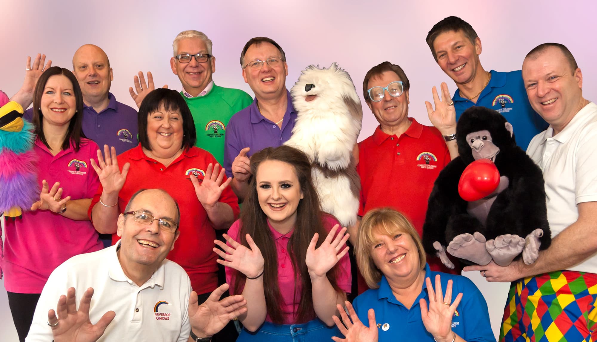 A photo of a large group of children’s entertainers